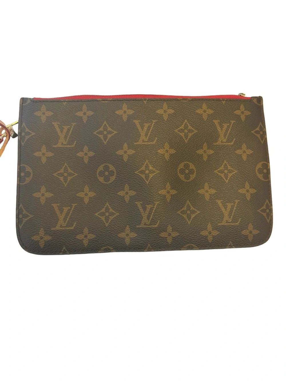 Authentic Louis Vuitton Neverfull Pouchett Monogram Canvas Wristlet Red Trim